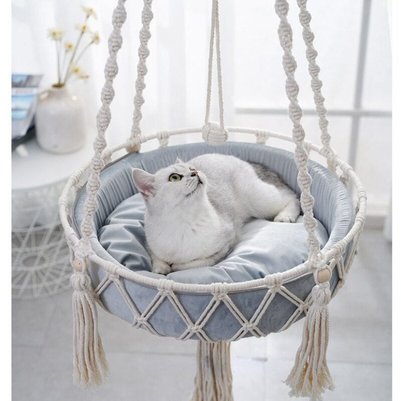 Pet Cat Hammock Swing Bed Bohemian Handwoven Tapestry Cotton Macrame for Home Bedroom Decoration Wall Hanging without Mat